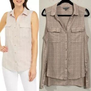 Sharagano Women Sleeveless Tunic Top Large Pink Linen Checkered Causal High Low